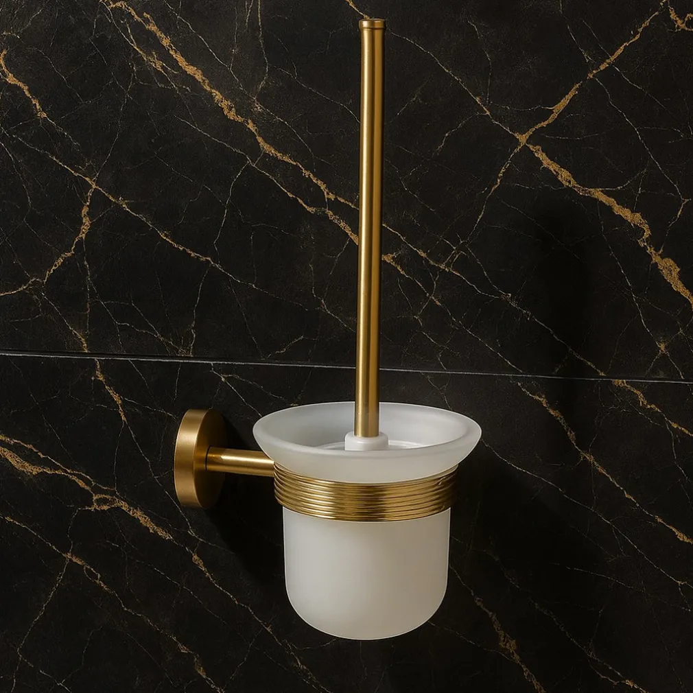 PORTA SCOPINO PER WC IN ACCIAIO ORO CON BICCHIERE VETRO SATINATO ACCESSORIO BAGNO 87935