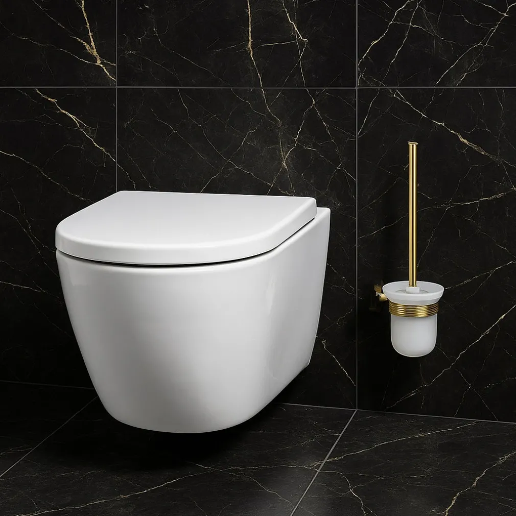 PORTA SCOPINO PER WC IN ACCIAIO ORO CON BICCHIERE VETRO SATINATO ACCESSORIO BAGNO 87935