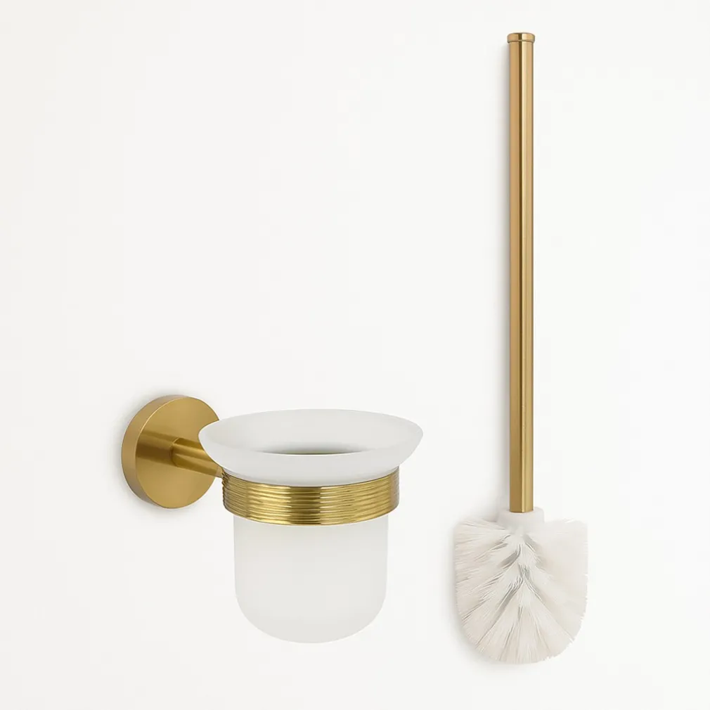 PORTA SCOPINO PER WC IN ACCIAIO ORO CON BICCHIERE VETRO SATINATO ACCESSORIO BAGNO 87935