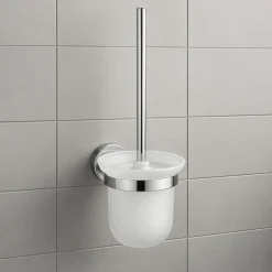 PORTA SCOPINO PER WC IN ACCIAIO SATINATO CON BICCHIERE VETRO SATINATO ARREDO BAGNO 87913