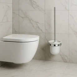 PORTA SCOPINO PER WC IN ACCIAIO SATINATO CON BICCHIERE VETRO SATINATO ARREDO BAGNO 87913