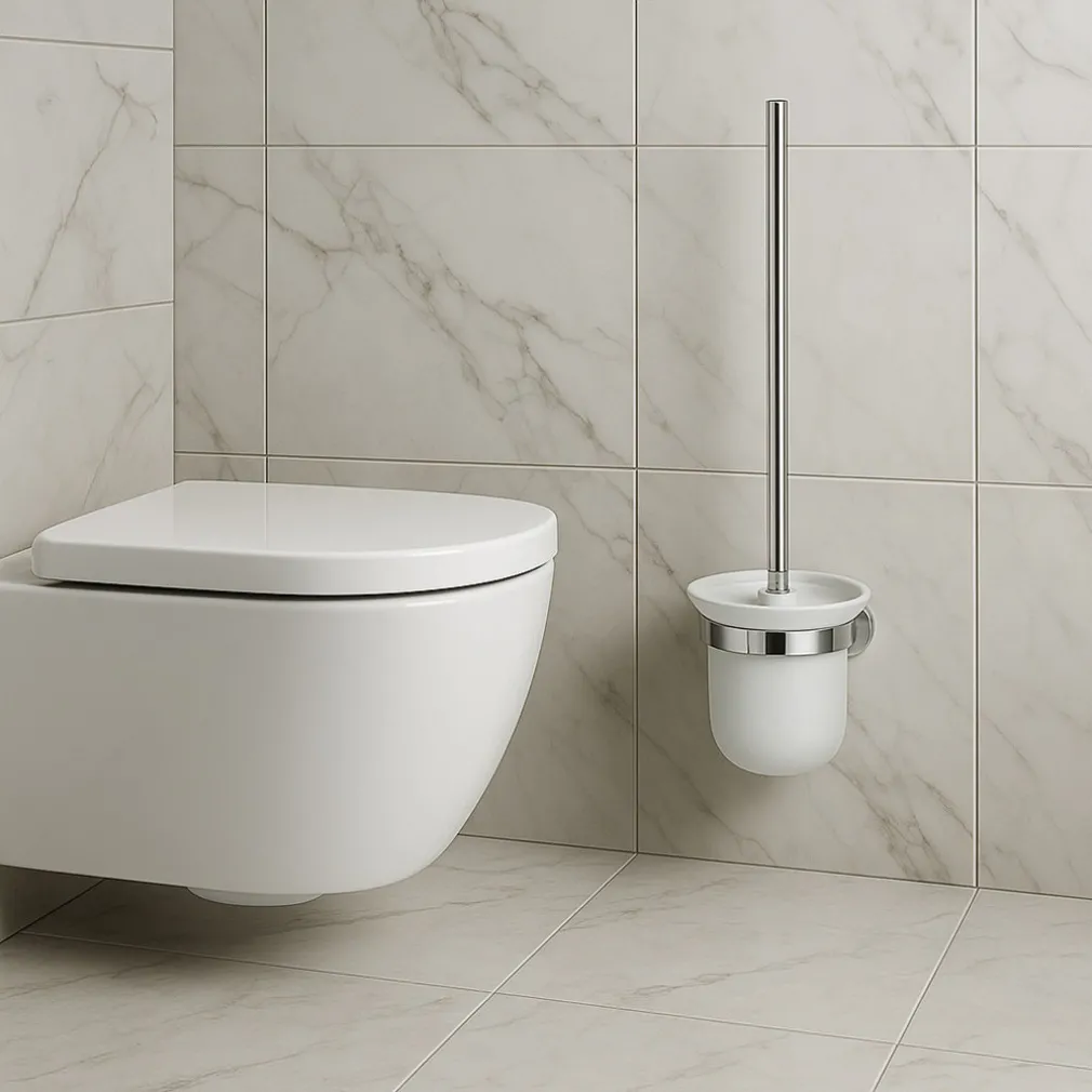 PORTA SCOPINO PER WC IN ACCIAIO SATINATO CON BICCHIERE VETRO SATINATO ARREDO BAGNO 87913