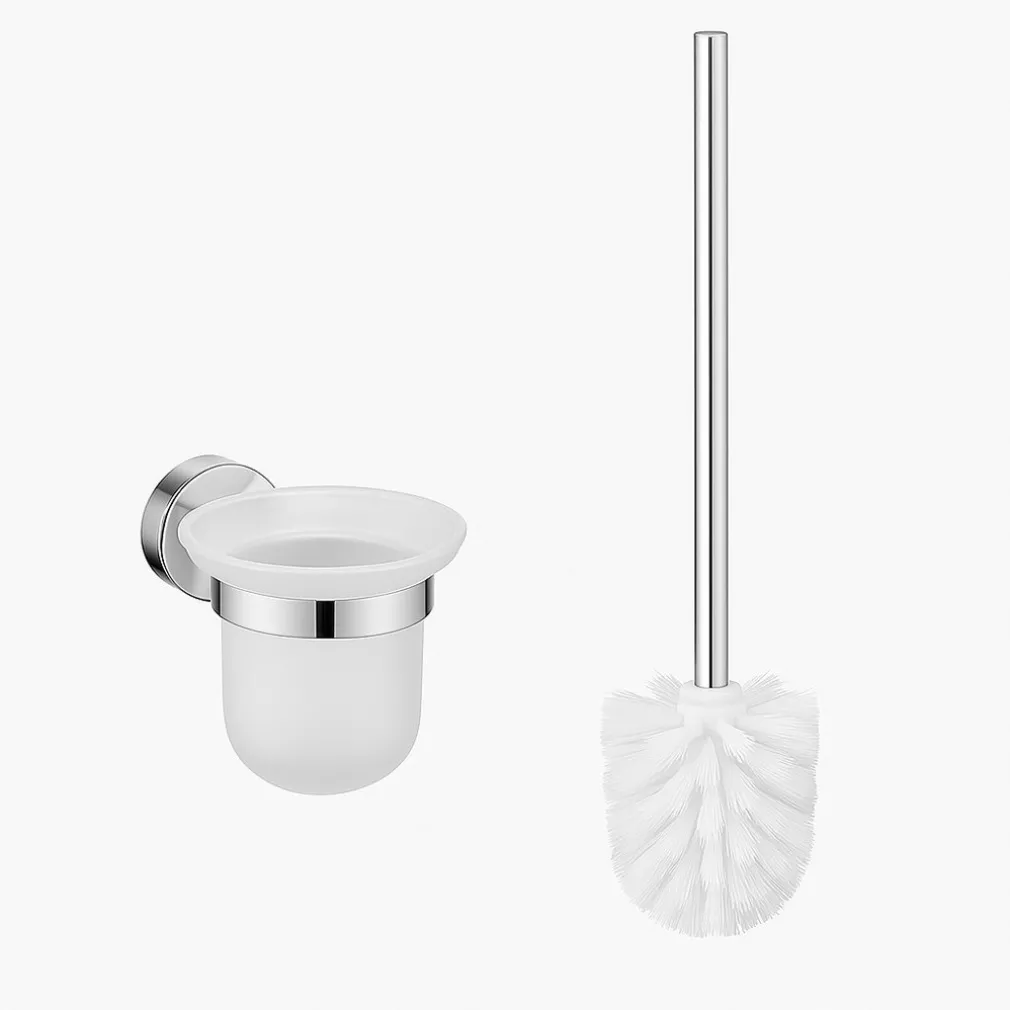 PORTA SCOPINO PER WC IN ACCIAIO SATINATO CON BICCHIERE VETRO SATINATO ARREDO BAGNO 87913