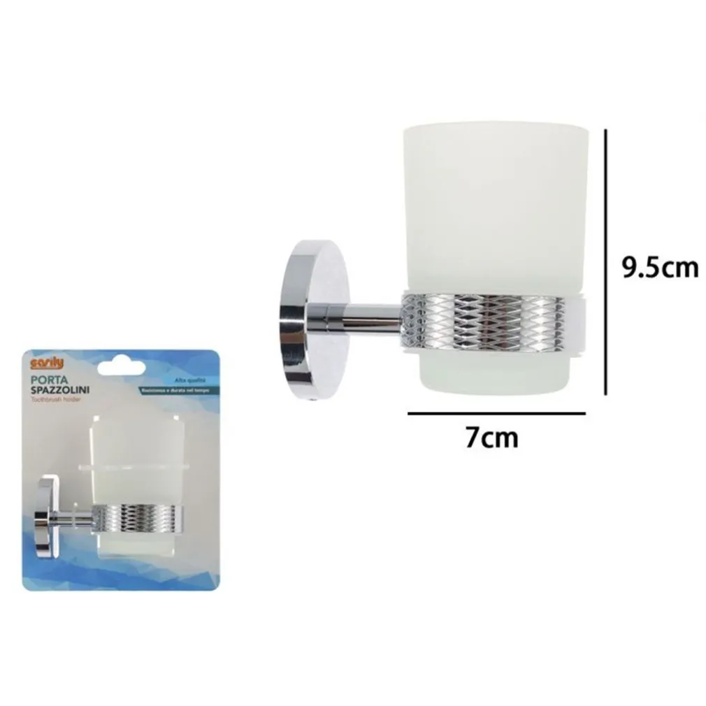 PORTA SPAZZOLINI DA DENTI IN ACCIAIO LUCIDO CON BICCHIERE VETRO SATINATO BAGNO 87917