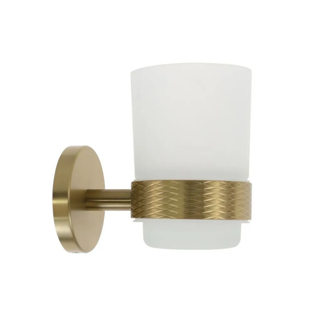 PORTA SPAZZOLINI DA DENTI IN ACCIAIO ORO CON BICCHIERE VETRO SATINATO BAGNO 87928