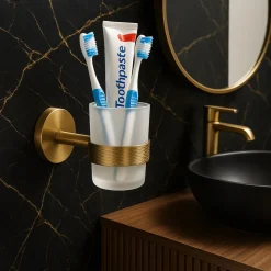 PORTA SPAZZOLINI DA DENTI IN ACCIAIO ORO CON BICCHIERE VETRO SATINATO BAGNO 87928