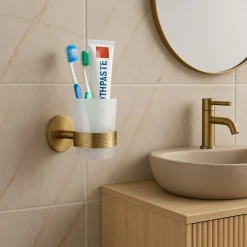 PORTA SPAZZOLINI DA DENTI IN ACCIAIO ORO CON BICCHIERE VETRO SATINATO BAGNO 87928