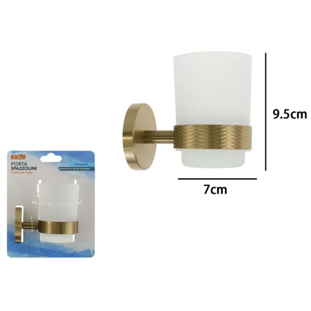 PORTA SPAZZOLINI DA DENTI IN ACCIAIO ORO CON BICCHIERE VETRO SATINATO BAGNO 87928