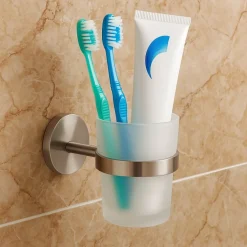 PORTA SPAZZOLINI DA DENTI IN ACCIAIO SATINATO CON BICCHIERE VETRO SATINATO BAGNO 87906