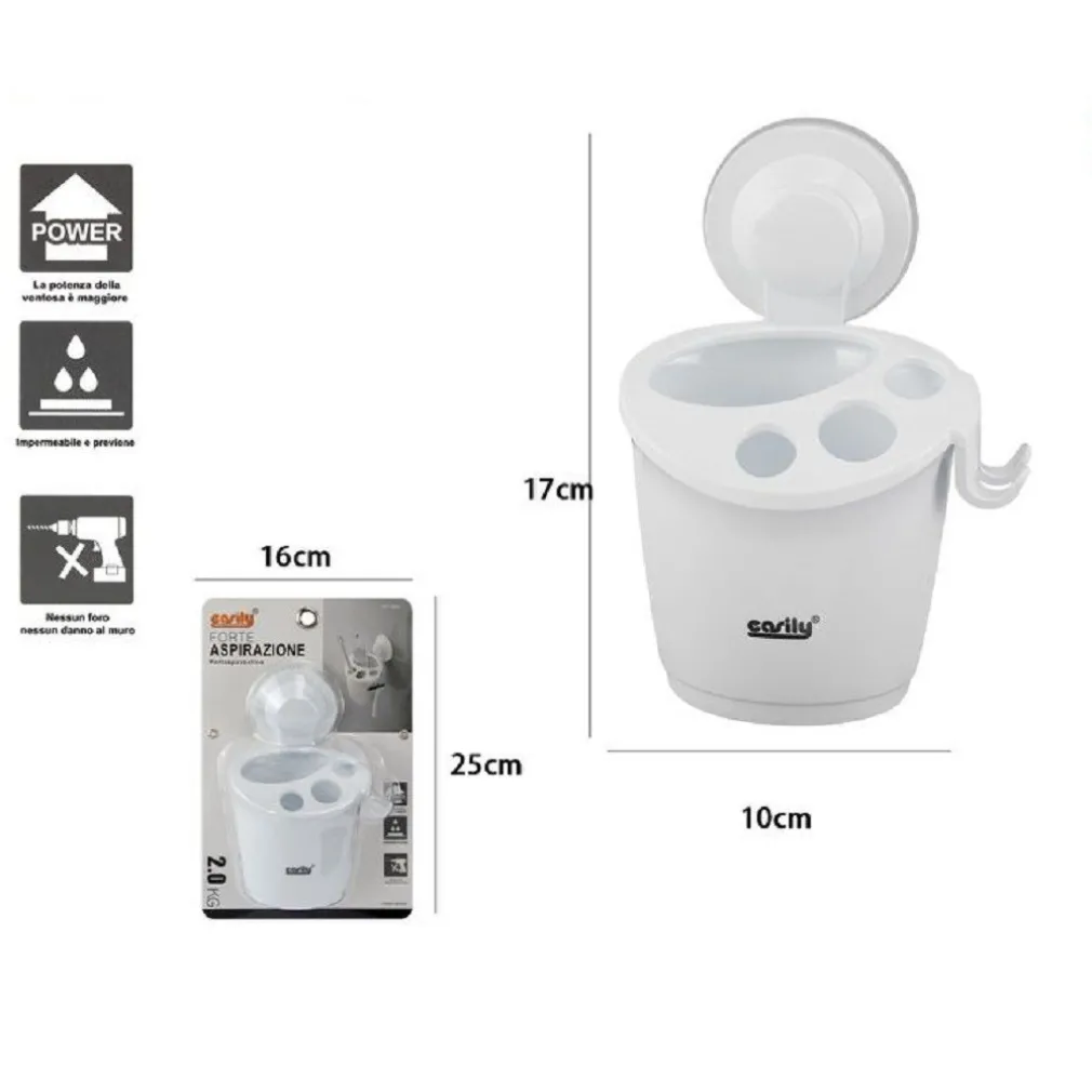 PORTA SPAZZOLINI DENTIFRICIO A VENTOSA BIANCO CONTENITORE PARETE BAGNO 59541