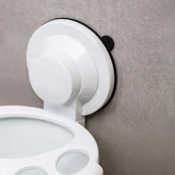 PORTA SPAZZOLINI DENTIFRICIO A VENTOSA BIANCO CONTENITORE PARETE BAGNO 59541