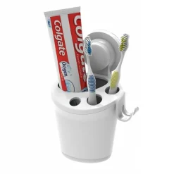 PORTA SPAZZOLINI DENTIFRICIO A VENTOSA BIANCO CONTENITORE PARETE BAGNO 59541