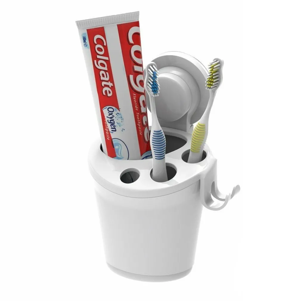 PORTA SPAZZOLINI DENTIFRICIO A VENTOSA BIANCO CONTENITORE PARETE BAGNO 59541