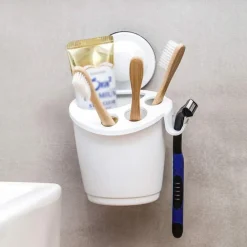 PORTA SPAZZOLINI DENTIFRICIO A VENTOSA BIANCO CONTENITORE PARETE BAGNO 59541