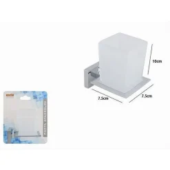 PORTA SPAZZOLINI DENTIFRICIO CON BICCHIERE VETRO PARETE ARREDO BAGNO CUBO 87213