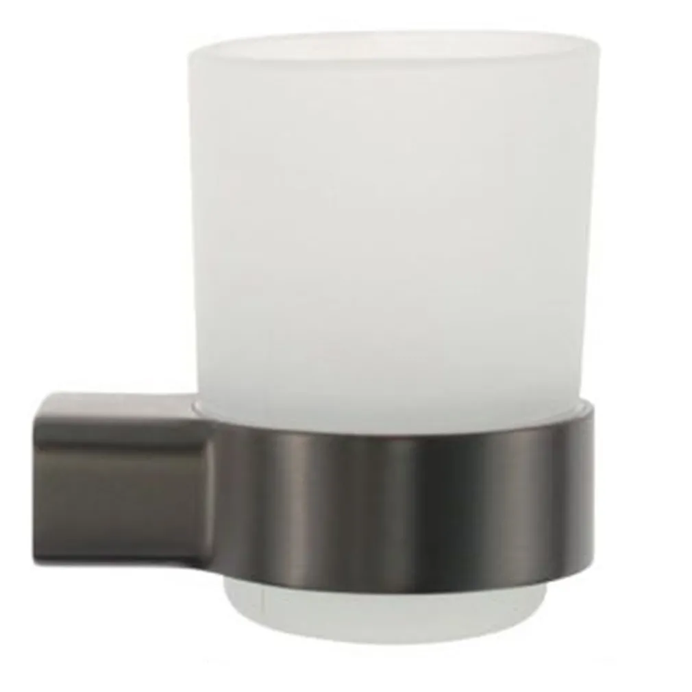 PORTA SPAZZOLINI PARETE STILIZZATO ACCIAIO GRIGIO CON BICCHIERE VETRO SATINATO BAGNO 87938