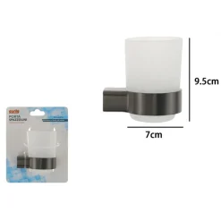 PORTA SPAZZOLINI PARETE STILIZZATO ACCIAIO GRIGIO CON BICCHIERE VETRO SATINATO BAGNO 87938