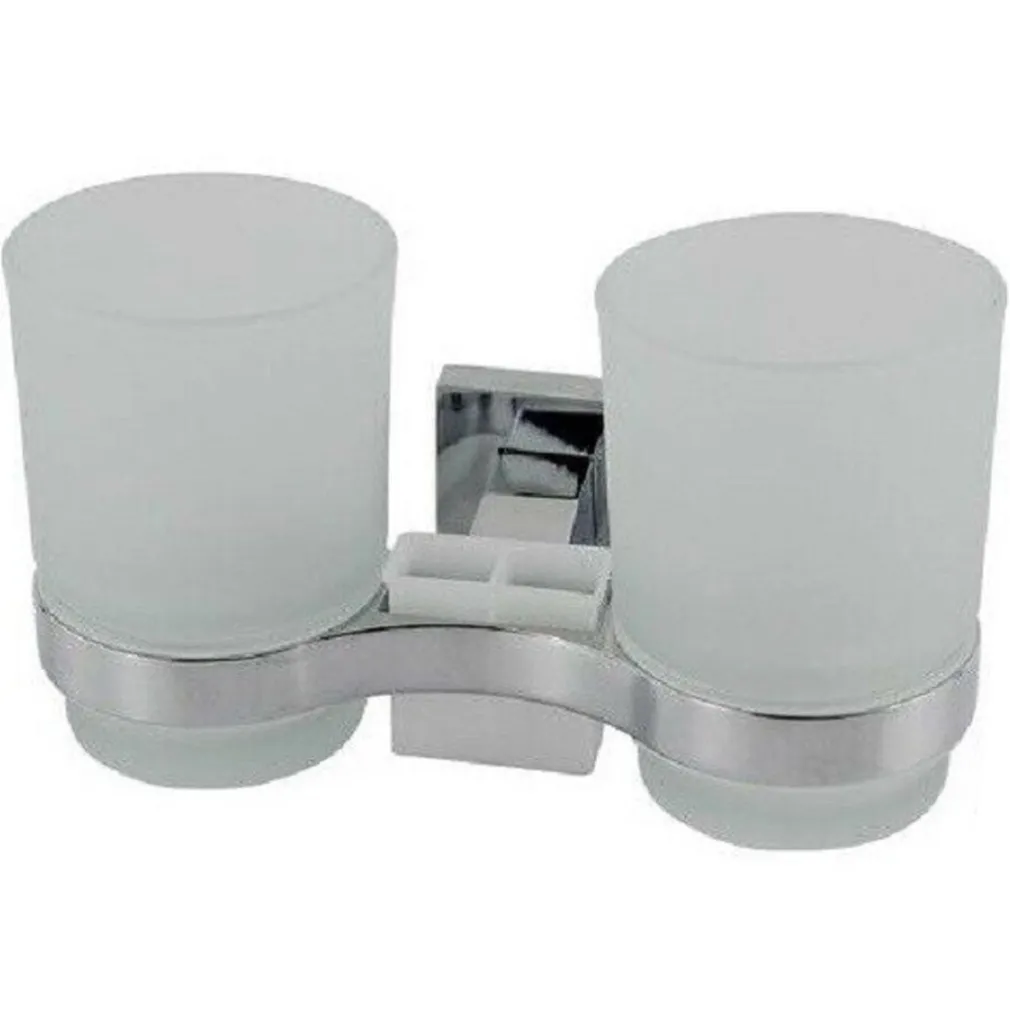 PORTA SPAZZOLINO 2 BICCHIERI DENTIFRICIO MURO PARETE ACCIAIO VETRO SQUARE 59187