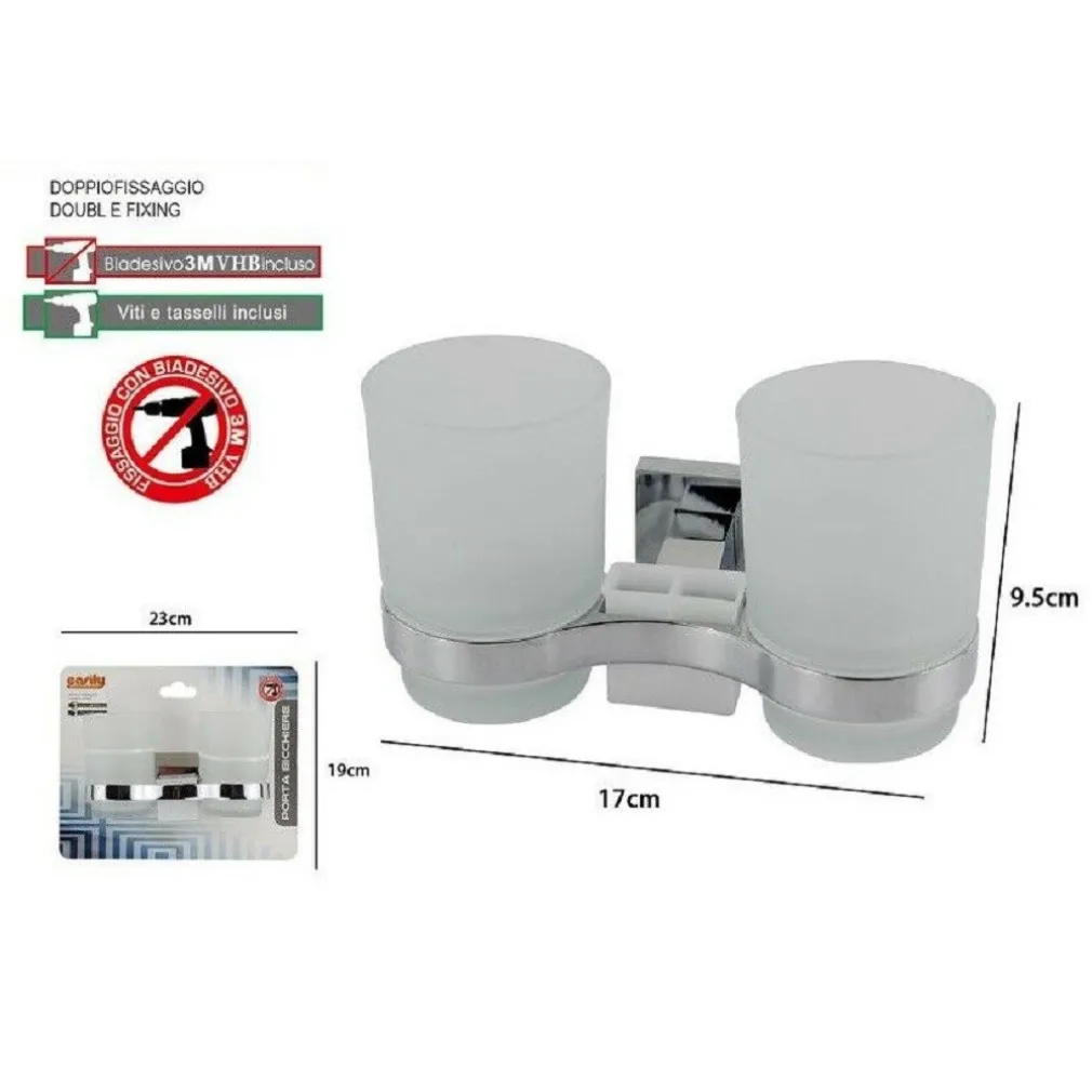 PORTA SPAZZOLINO 2 BICCHIERI DENTIFRICIO MURO PARETE ACCIAIO VETRO SQUARE 59187