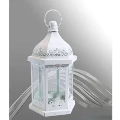 PORTACANDELA LUMINO LANTERNA BIANCA IN VETRO METALLO BOMBONIERA MATRIMONIO 87407