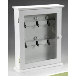 PORTACHIAVI PARETE APPENDINO 6 GANCI 31X25X7CM IN LEGNO BIANCO ANTA VETRO 660832