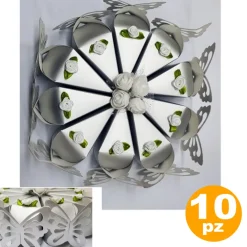 PORTACONFETTI BOMBONIERE SCATOLINA FORMA DI SPICCHIO TORTA CON FARFALLA ARGENTO