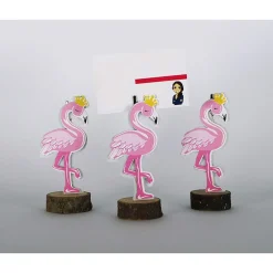 PORTAFOTO FENICOTTERO ROSA 3PZ BASE LEGNO DESIGN SEGNAPOSTO TAVOLO BOMBONIERA FESTA