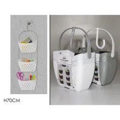 PORTAOGGETTI CON GANCIO 3 CONTENITORI SALVASPAZIO CESTINO BAGNO SOSPESO IN PLASTICA 70 CM