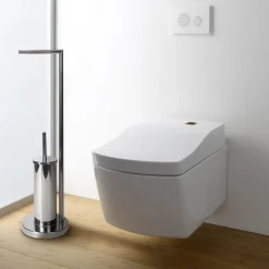 PORTAROTOLO CON PORTA SCOPINO BAGNO IN METALLO CROMATO CON SPAZZOLONE 19X19X74CM