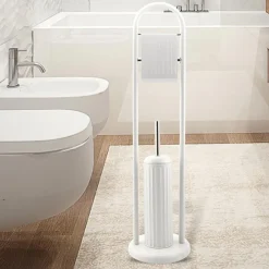 PORTAROTOLO CON SPAZZOLONE PORTA SCOPINO BAGNO LINEAR IN METALLO BIANCO 22X81CM