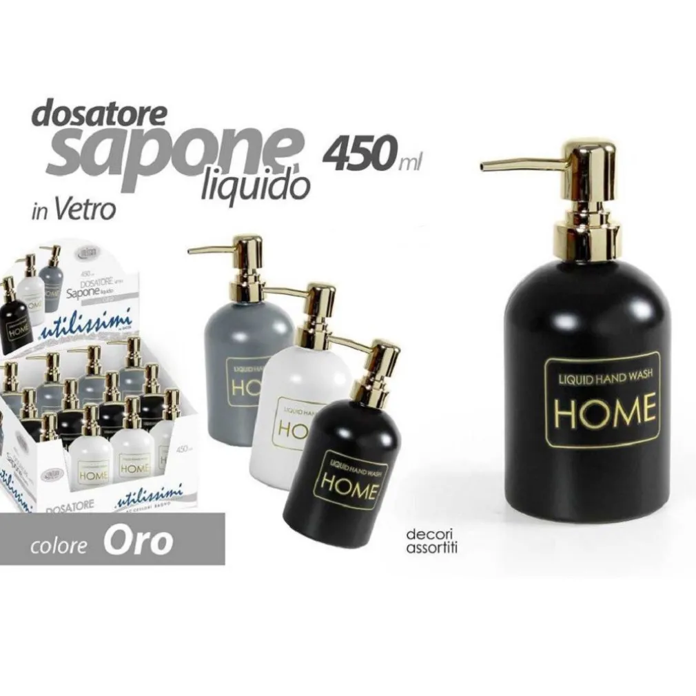 PORTASAPONE LIQUIDO DOSATORE DISPENSER 450ML ORO IN VETRO VARI COLORI ASS 811586