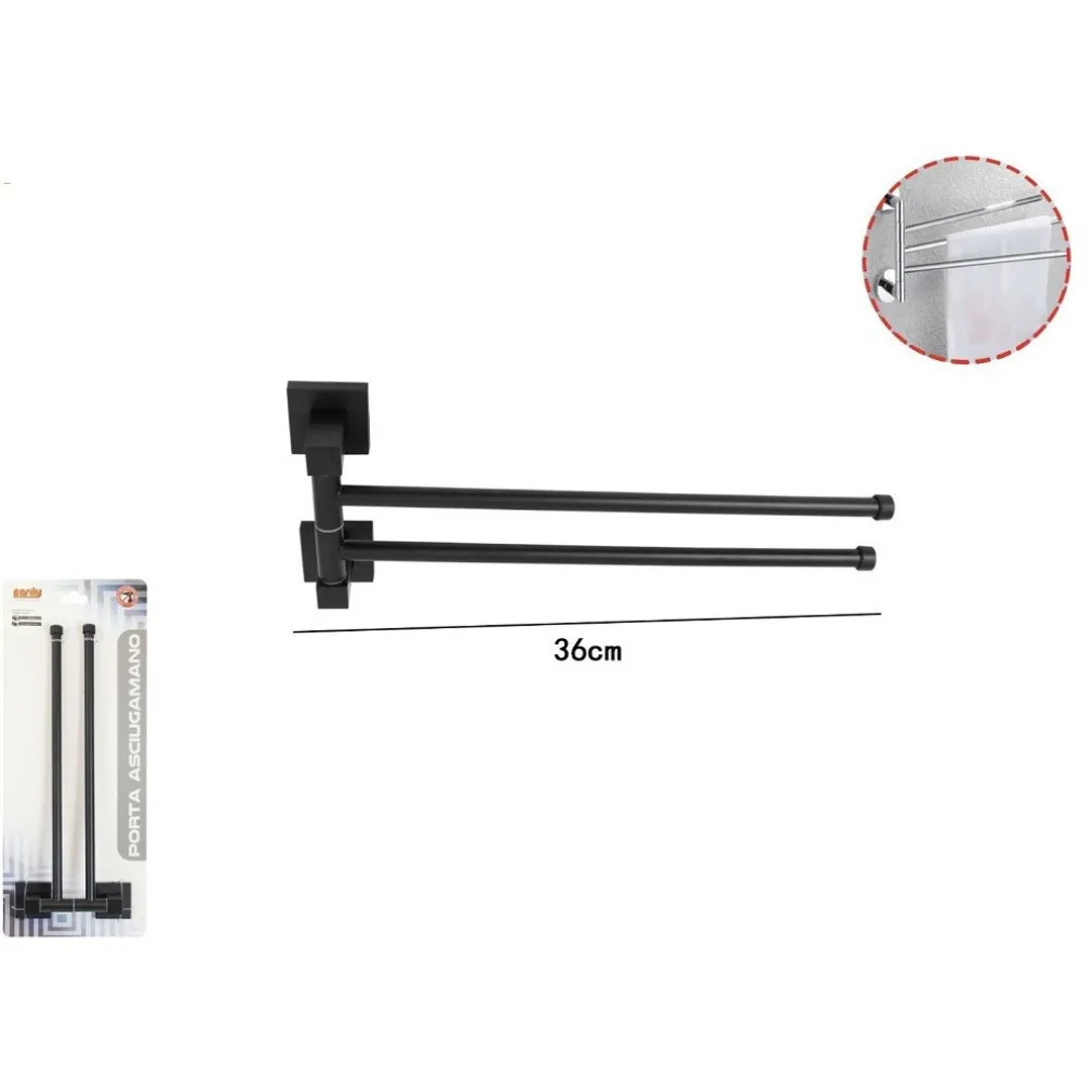 PORTASCIUGAMANI DOPPIO IN ACCIAIO A DUE BRACCI DA PARETE PER BAGNO CUCINA NERO