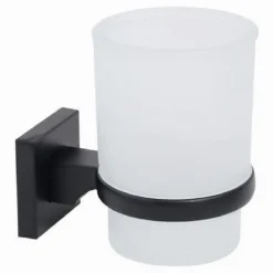 PORTASPAZZOLINI BICCHIERE VETRO ACCIAIO DA MURO NERO STILE MINIMAL MODERNO 79985