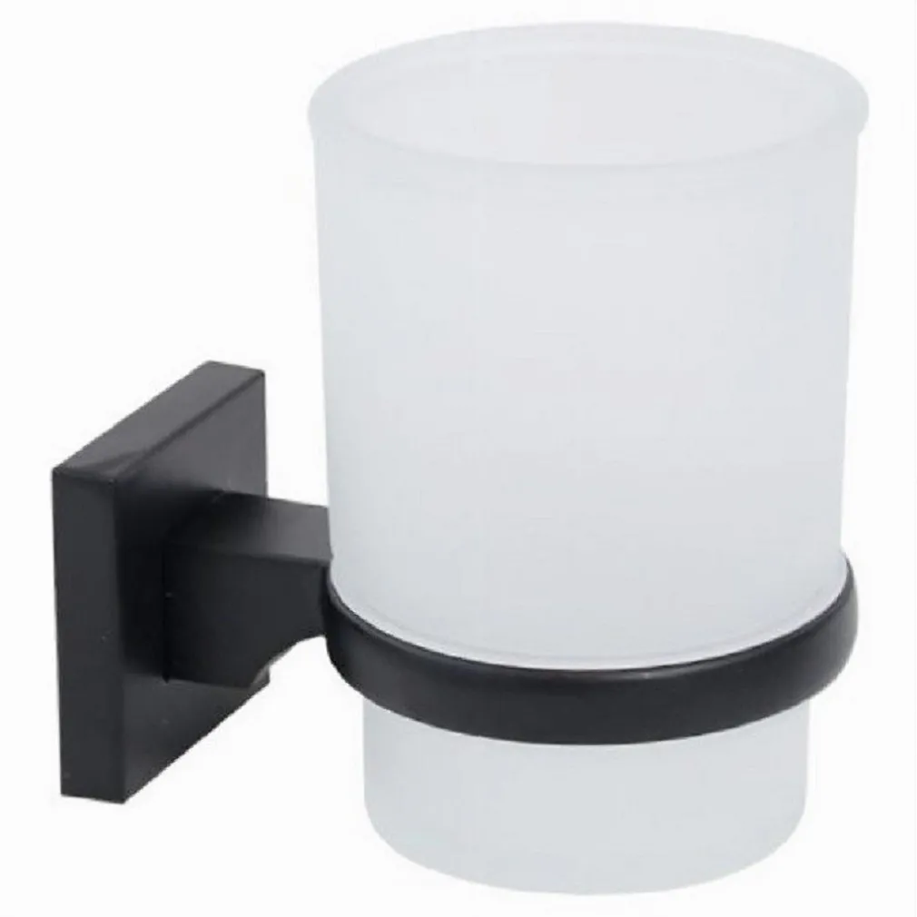 PORTASPAZZOLINI BICCHIERE VETRO ACCIAIO DA MURO NERO STILE MINIMAL MODERNO 79985