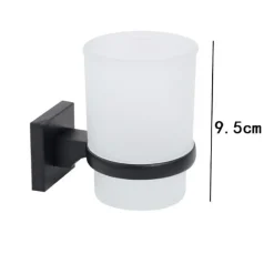 PORTASPAZZOLINI BICCHIERE VETRO ACCIAIO DA MURO NERO STILE MINIMAL MODERNO 79985