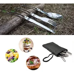 POSATE PIEGHEVOLI FORCHETTA CUCCHIAO CORTELLO IN ACCIAIO CON ASTUCCIO DA VIAGGIO
