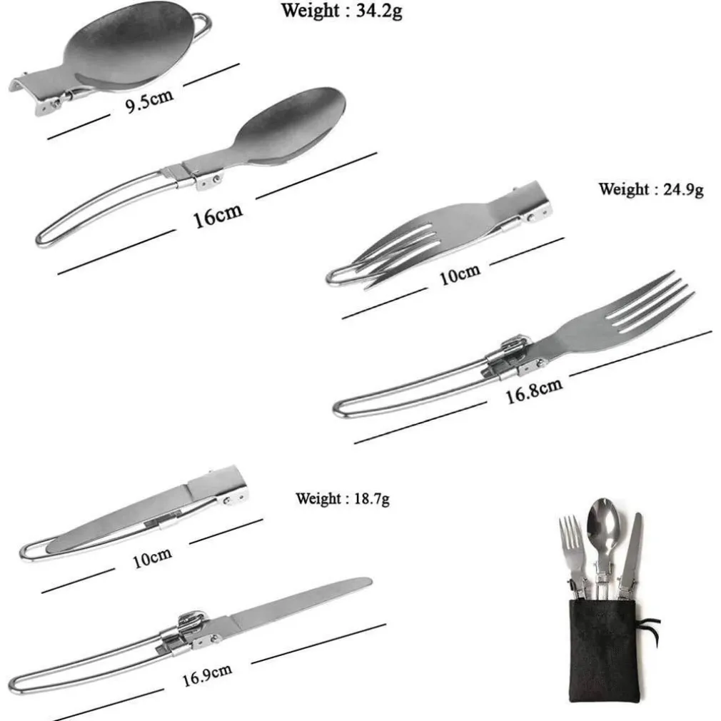 POSATE PIEGHEVOLI FORCHETTA CUCCHIAO CORTELLO IN ACCIAIO CON ASTUCCIO DA VIAGGIO