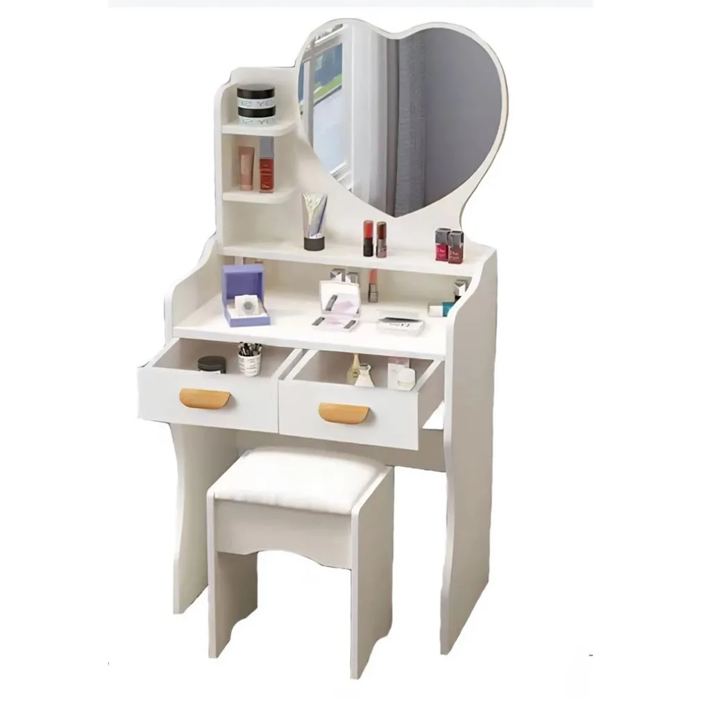 POSTAZIONE TRUCCO TAVOLO MAKE UP SPECCHIERA TOELETTA CON SPECCHIO A CUORE SGABELLO BIANCO