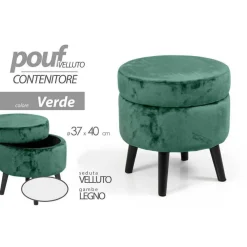 POUF CONTENITORE POGGIAPIEDI SGABELLO POUFF VELLUTO LEGNO VERDE 40X37CM 801709