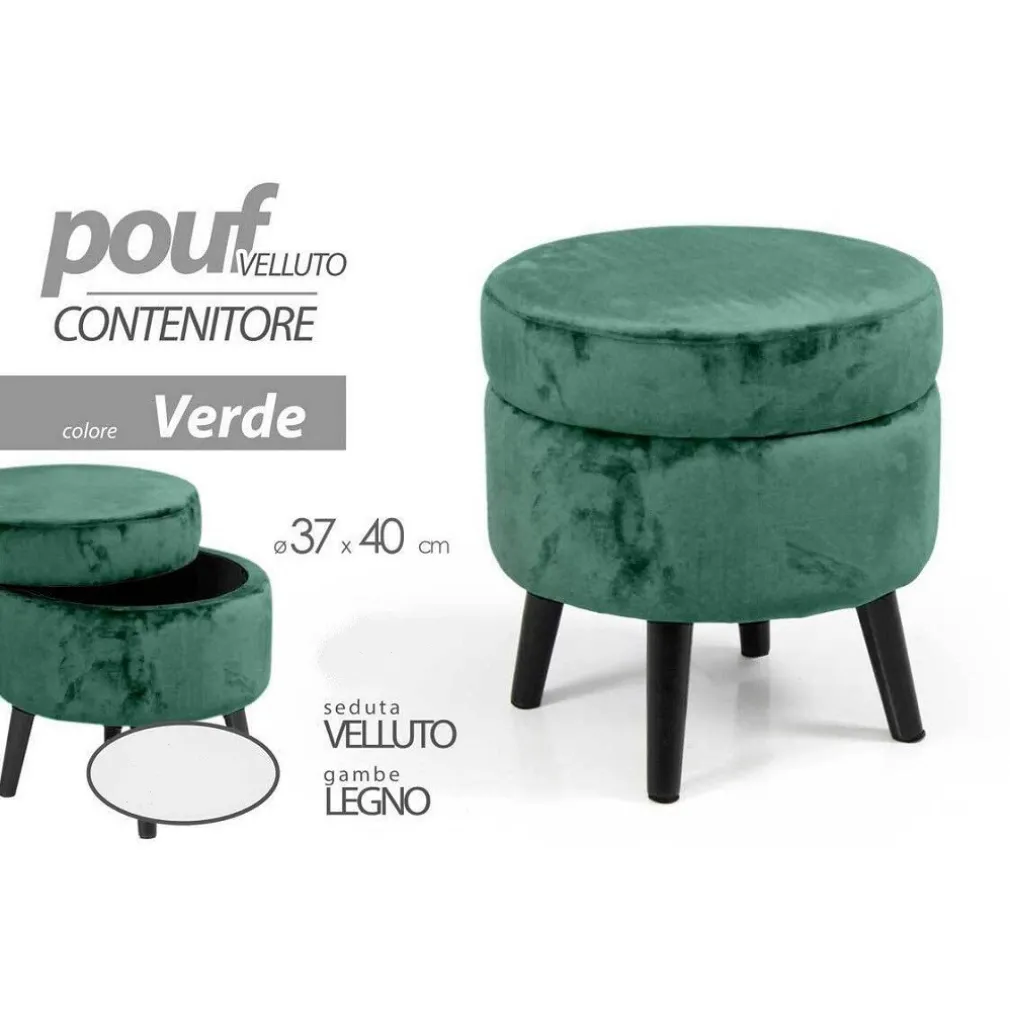 POUF CONTENITORE POGGIAPIEDI SGABELLO POUFF VELLUTO LEGNO VERDE 40X37CM 801709