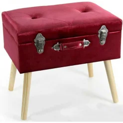 POUF POUFF CONTENITORE H46X50X35CM TESSUTO ROSSO IMBOTTITO PIEDI IN LEGNO 756795