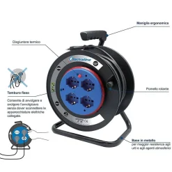 PROLUNGA ELETTRICA CAVO 40 MT AVVOLGICAVO 4 PRESE SCHUKO POLIVALENTI SPINA 16A