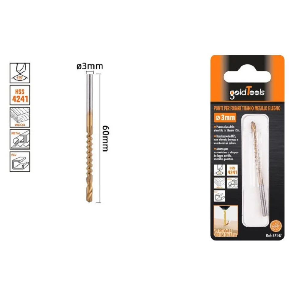 PUNTA TRAPANO ELICOIDALE Ø 3MMX60MM IN TITANIO HSS 4241 PER METALLO LEGNO 57147