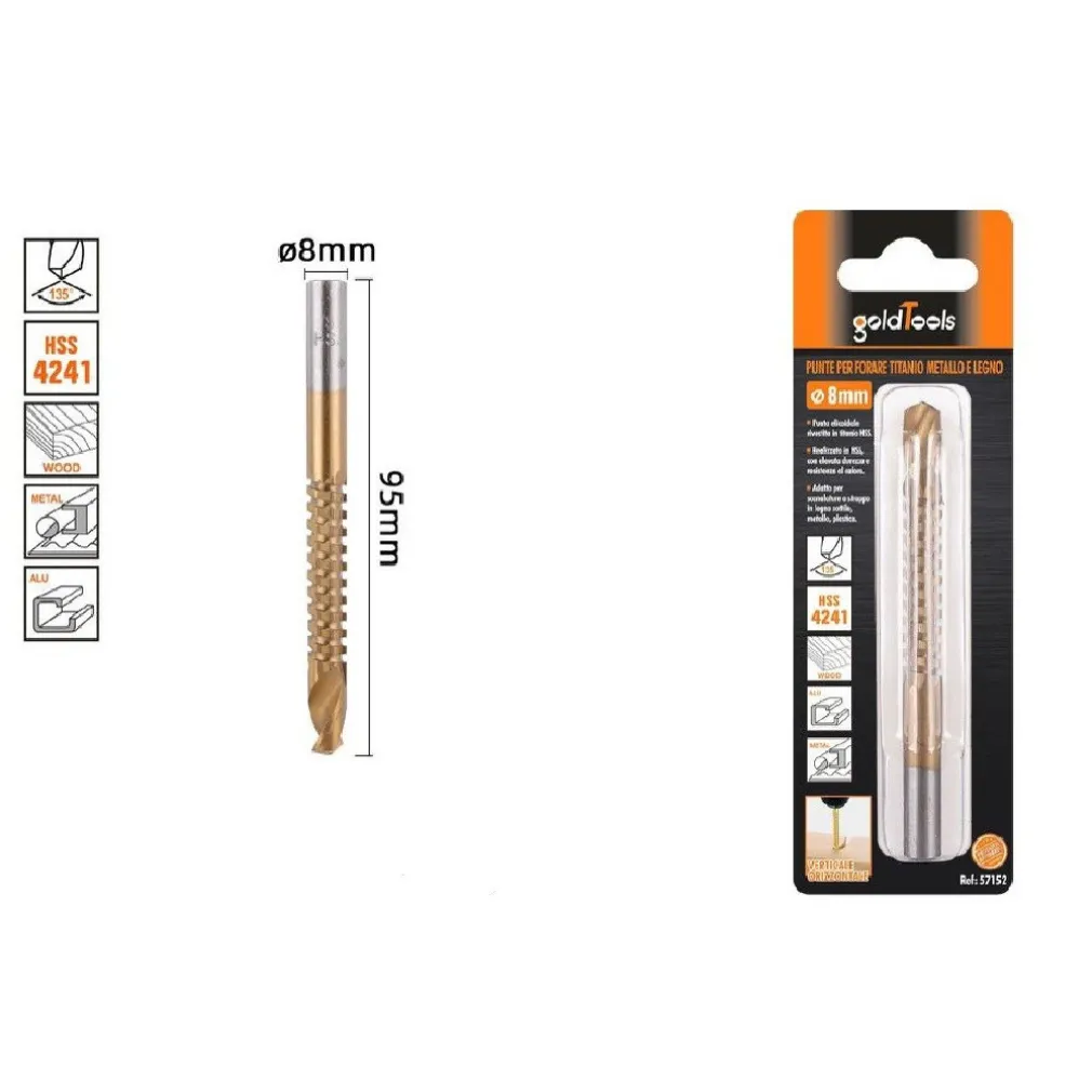 PUNTA TRAPANO ELICOIDALE Ø8MM X 95MM IN TITANIO HSS 4241 PER METALLO LEGNO 57152