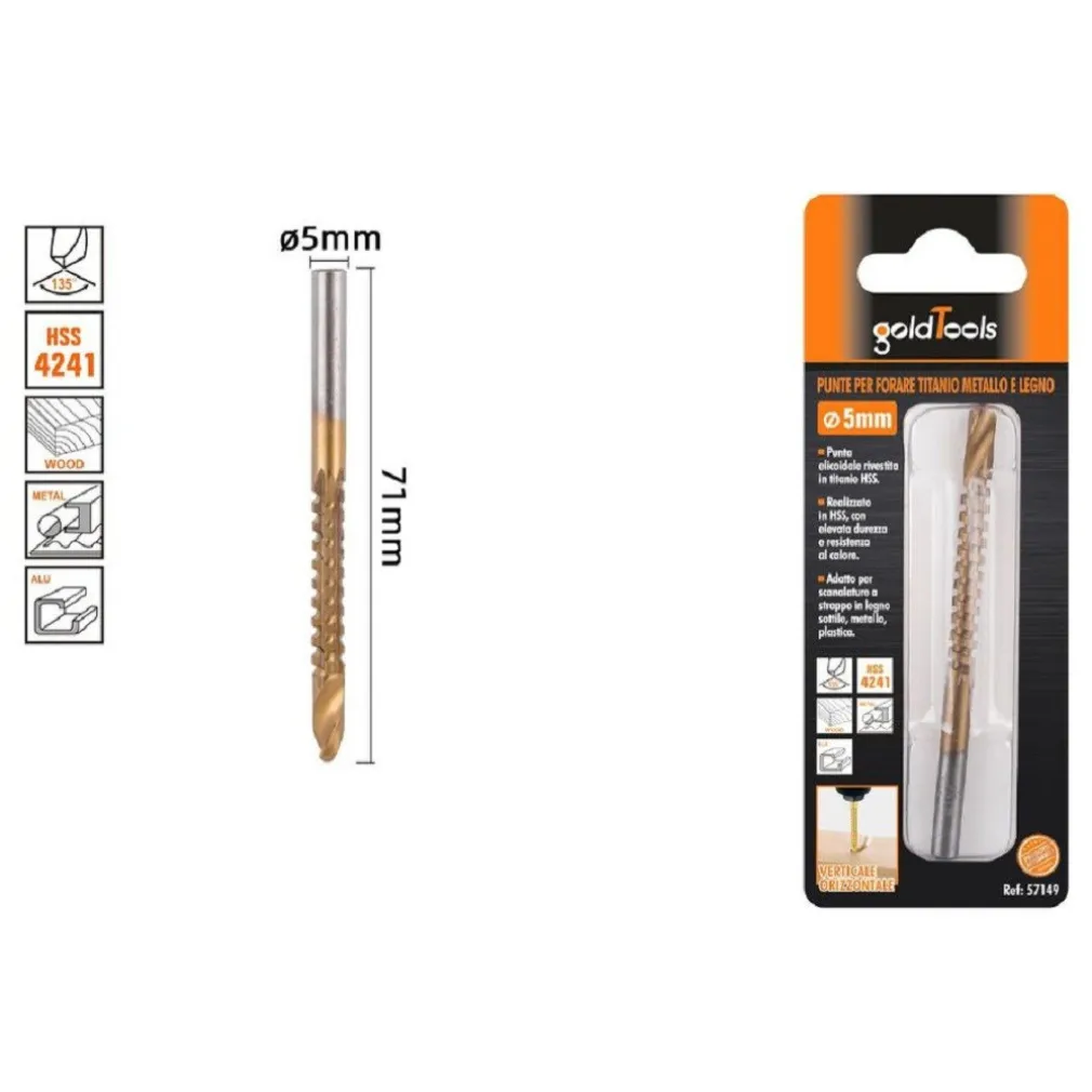 PUNTA TRAPANO ELICOIDALE Ø5MM X 71MM IN TITANIO HSS 4241 PER METALLO LEGNO 57149