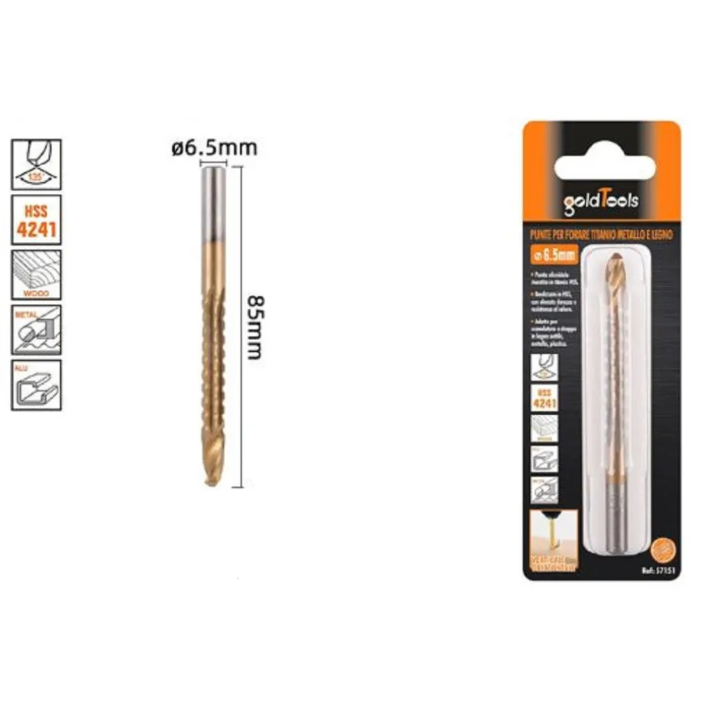 PUNTA TRAPANO ELICOIDALE Ø6.5MMX85MM IN TITANIO HSS 4241 PER METALLO LEGNO 57151