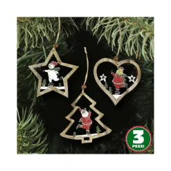 3PZ APPENDINI NATALE IN LEGNO FORMA STELLA ALBERO CUORE CON PERSONAGGIO 10,5CM