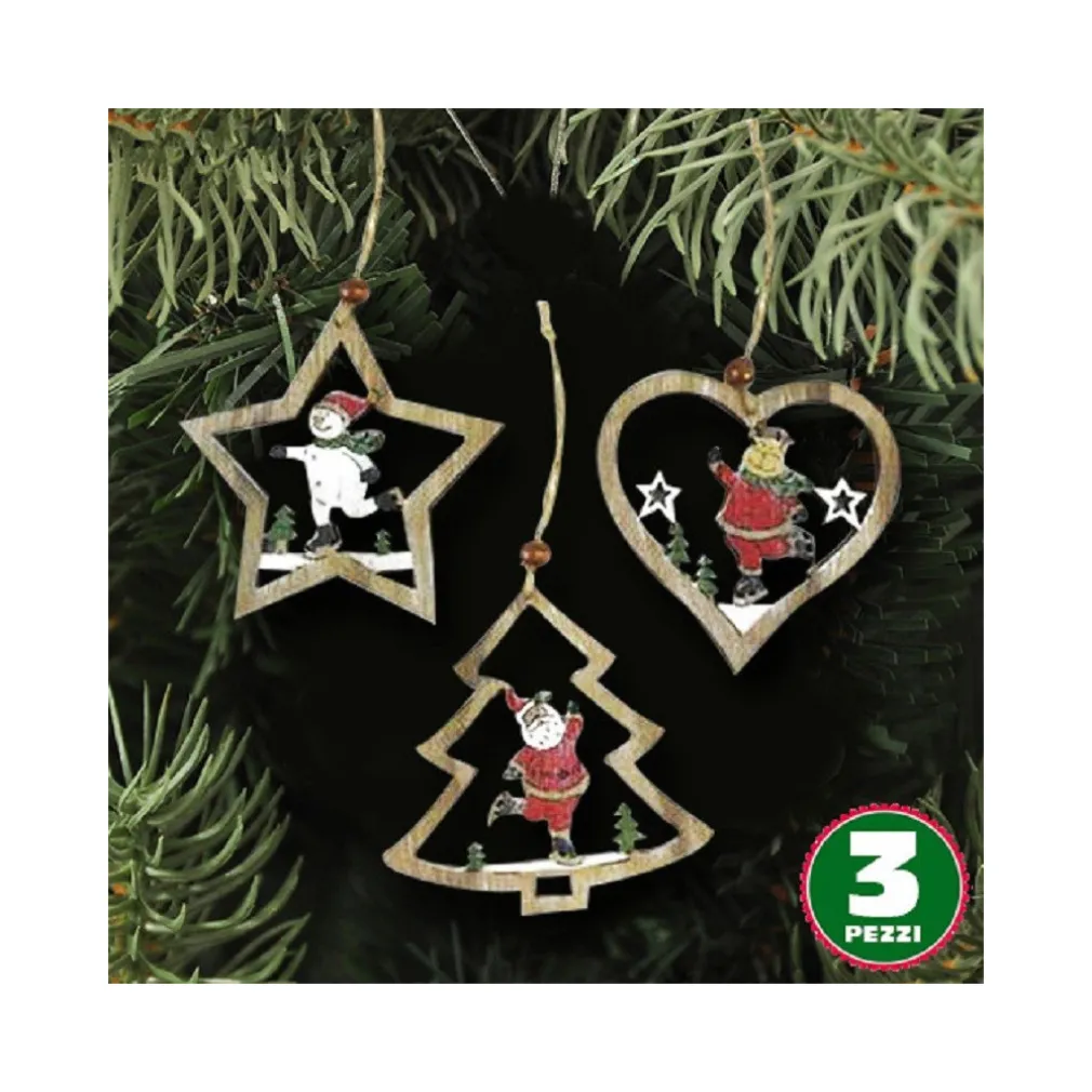 3PZ APPENDINI NATALE IN LEGNO FORMA STELLA ALBERO CUORE CON PERSONAGGIO 10,5CM