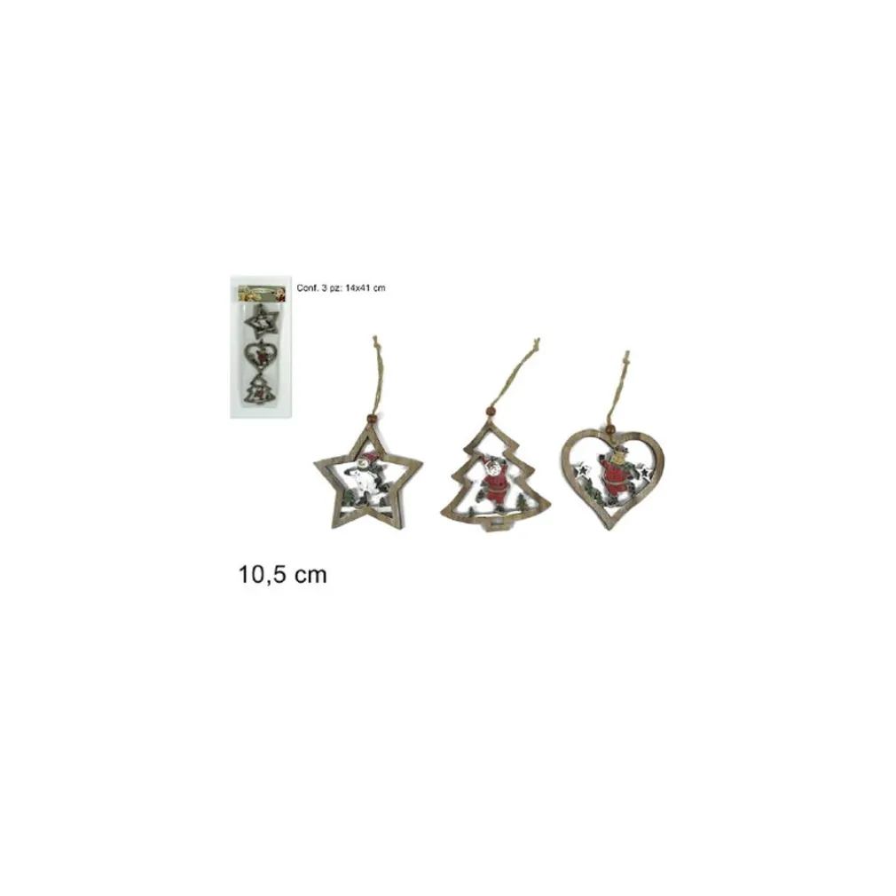 3PZ APPENDINI NATALE IN LEGNO FORMA STELLA ALBERO CUORE CON PERSONAGGIO 10,5CM