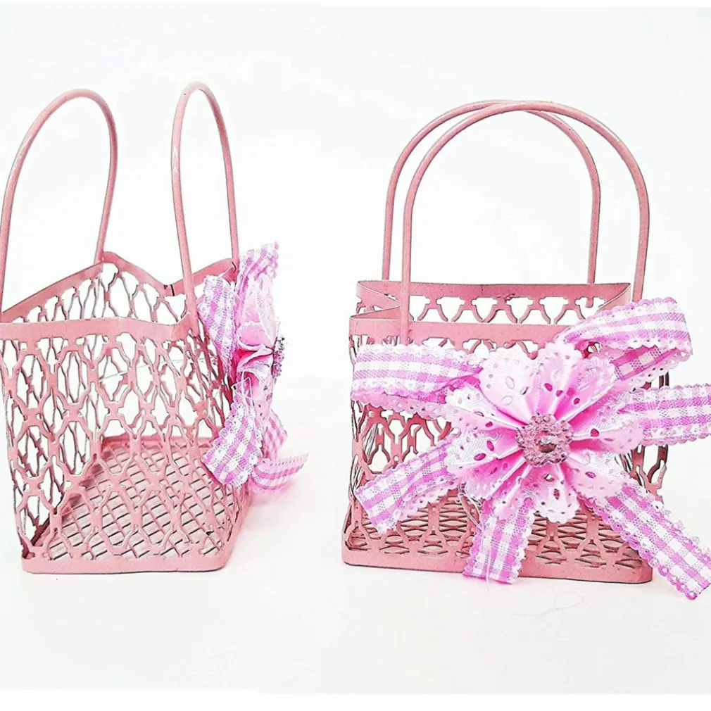 12PZ BOMBONIERA SACCHETTO SHOPPERS METALLO ROSA PORTACONFETTI NASCITA COMUNIONE